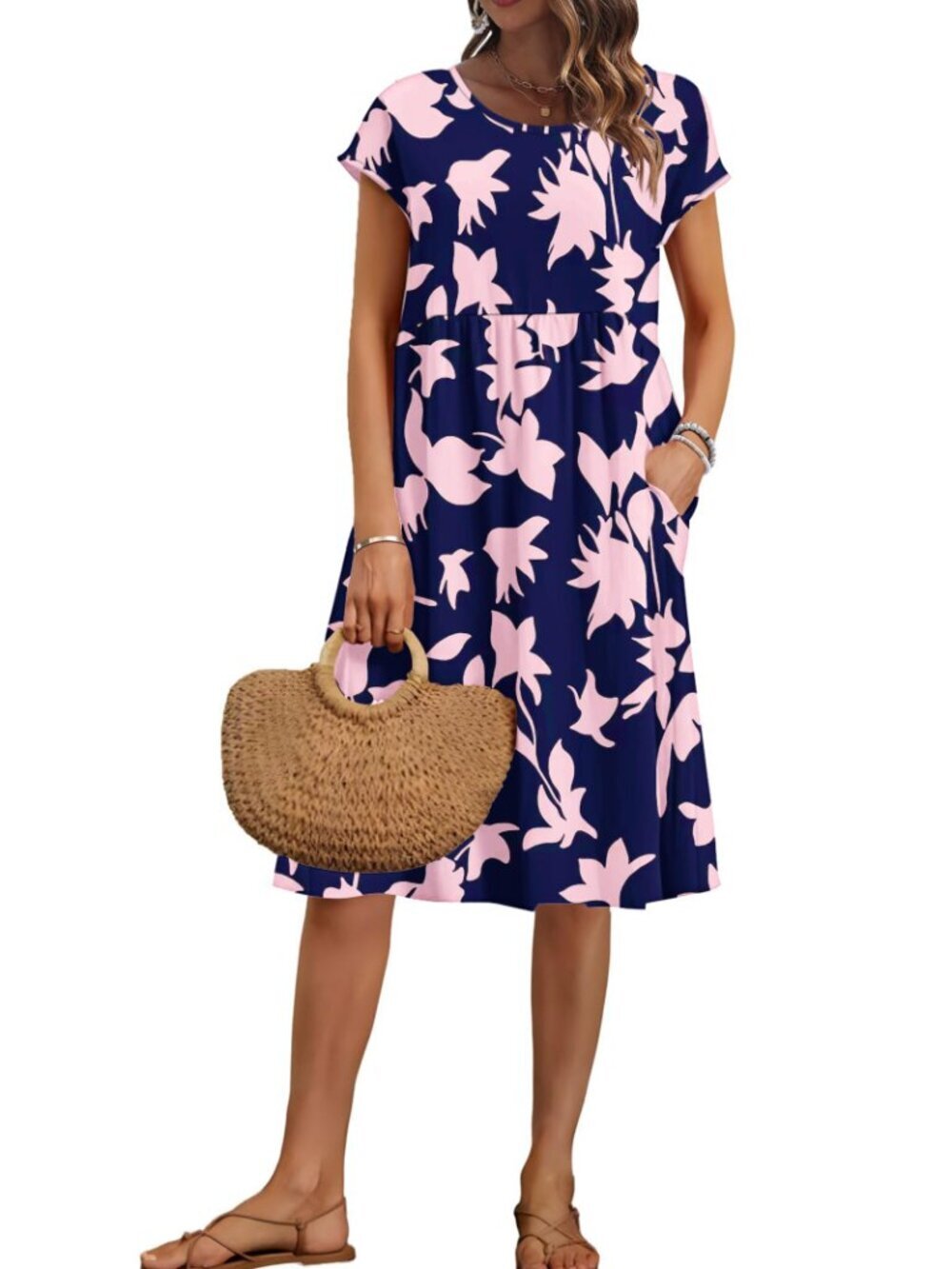 🆕 Women Summer Dresses Short Sleeve Knee-Length Round Neck Loose Dress - Picture 6 of 6